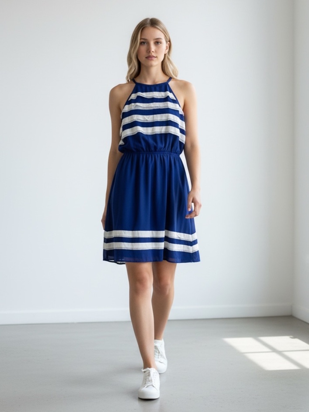 Ya Los Angeles Navy and White Striped Halter Mini Dress